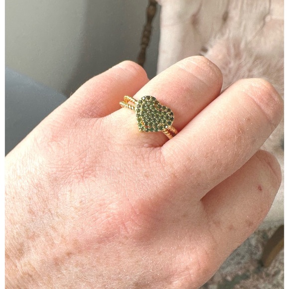 Heart Ring with Dark Green Pave Rhinestones, Gold Tone band - Picture 2 of 4
